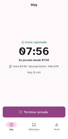 Pantalla Hoy de Presente en un teléfono: inicio registrado a las 07:56 en Sucursal Centro, en jornada desde 07:56 y el botón Terminar jornada.